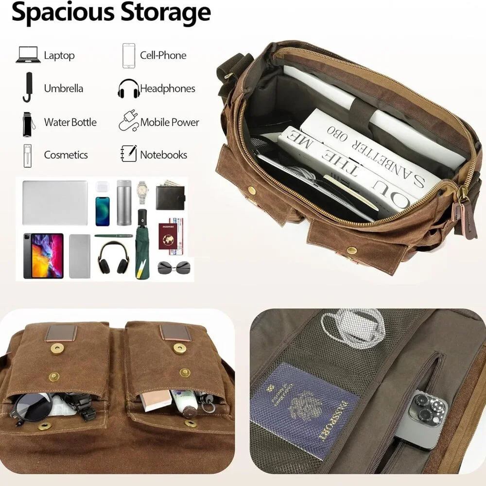 Messenger Bag for Men,14-15.6 Inch Laptop Bag, Water-resistant Waxed Canvas Satc - Picture 3 of 7